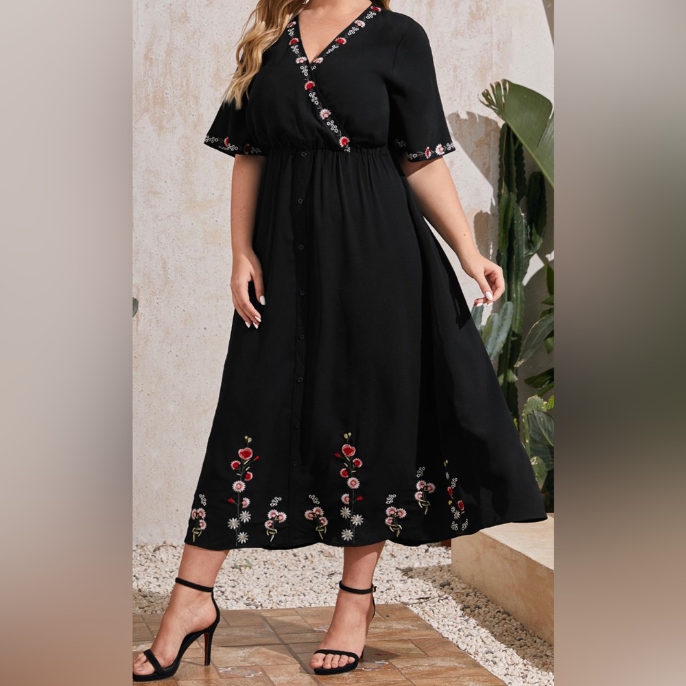 SHEIN Plus Surplice Neck Embroidery Floral Dress